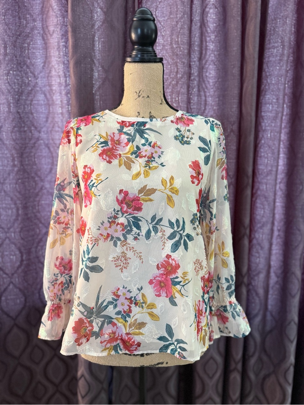 LOFT Eggshell White Blouse with Floral Print
